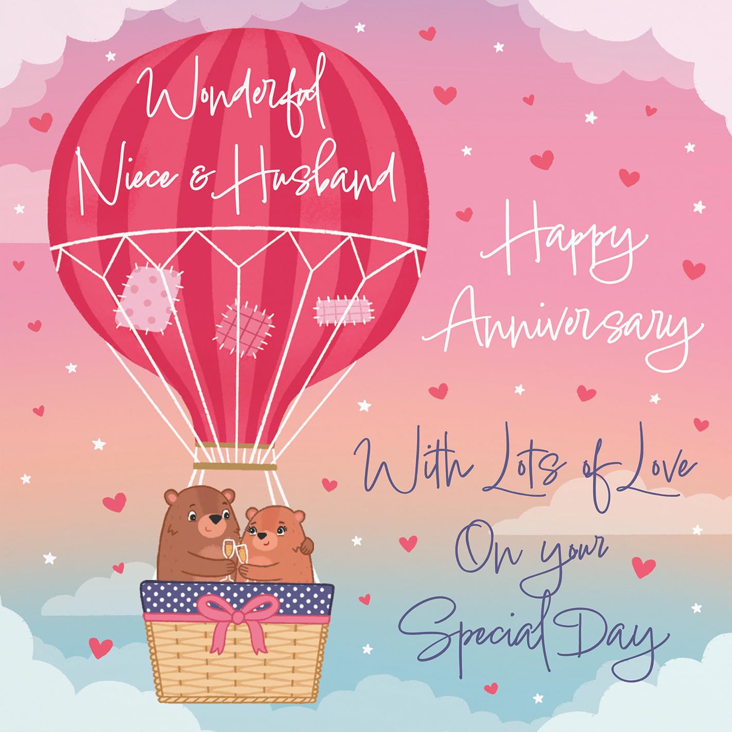 Hunts England, Large Niece And Husband Hot Air Balloon Anniversary Card, Cute Bears Collection - Image 2
