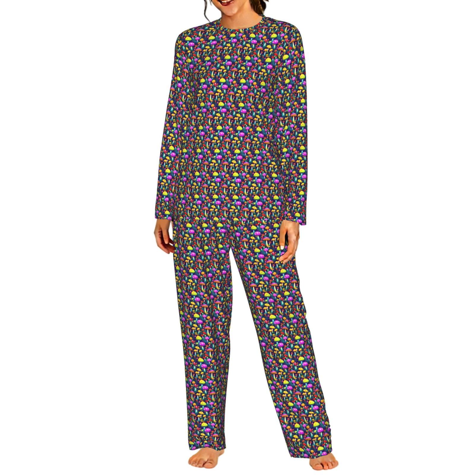 Bright Funghi Stampa artistica da donna a maniche lunghe pigiama coordinato morbido spiaggia vacanza biancheria da notte regalo casual
