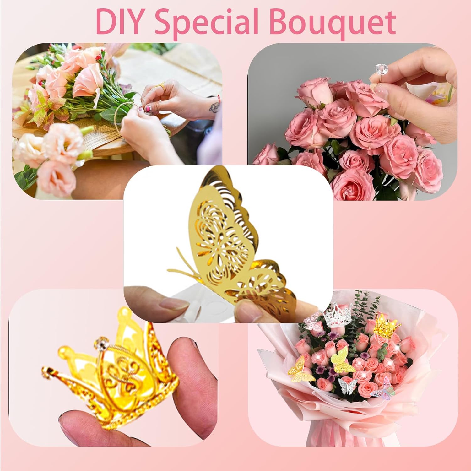 DNSGOOR 548Pcs Flower Wrapping Paper Kit with 200Sheets Waterproof Bouquet Wrapping Paper Decor Crowns 3D Butterfly Bouquet Pins Ribbons for Valentines Graduation Birthday Home Party