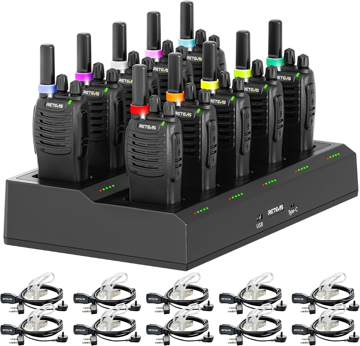 H-777 Walkie Talkies Adults, 2 Way Radio with Earpieces (10 Pack) | for School&Church Security, Type C Rechargeable 10 Way Charger, Handheld FRS Radios, Color-Coded Antenna Rings, Clear Audio