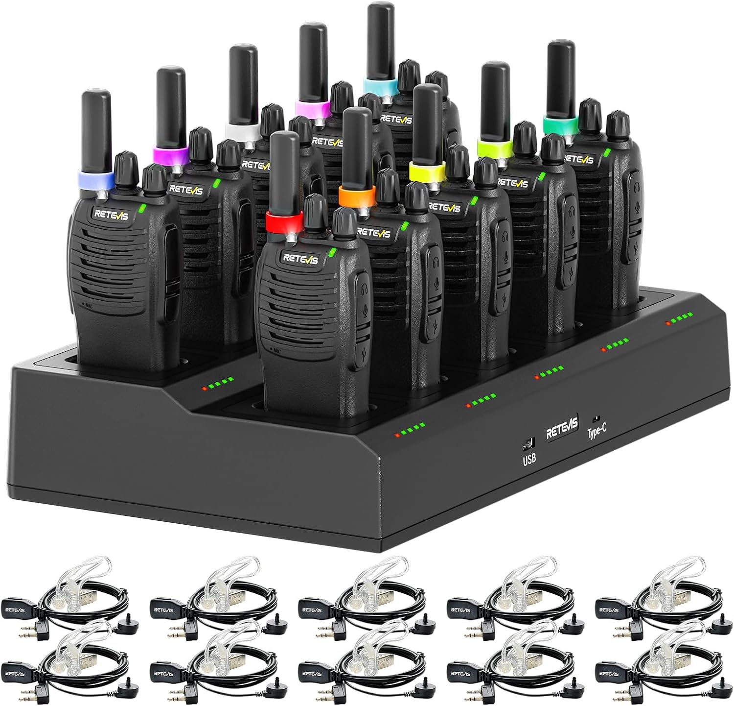 Retevis H-777 Walkie Talkies for Adults, Long Range 2 Way Radio with Earpieces, 10 Way Multi Gang Charger, Type C Rechargeable Handheld Two-Way Radios for Security School, Church(10 Pack, Black)