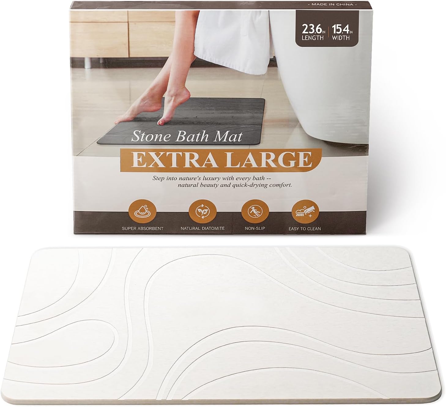 Stone Bath Mat for Bathroom Quick Dry Diatomaceous Earth Bath Mat, Magic Non Slip Bathroom Shower Floor Mat Modernized Water Absorbing Diatomite Stone Drying Bath Mat White 23.6" * 15.4" White - C