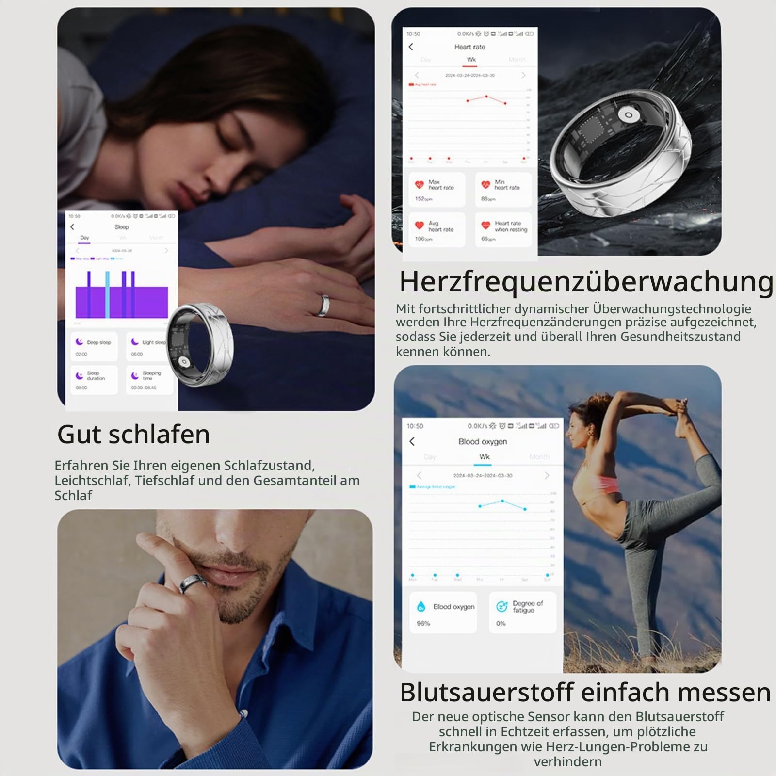 Smart Ring Smartringe für Herren Damen Fitnessring Schrittzähler Schlaf Ring Herzfrequenz Fitness Tracker Ring Kalorien Health Sport Smart Ring Android iOS Gesundheitsring Pulsmesser Größe 11