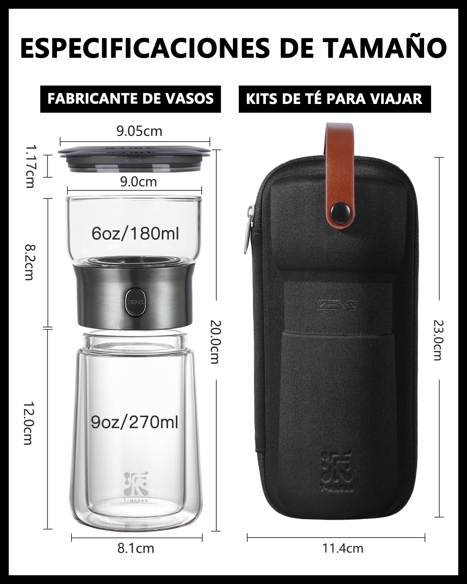 ZENS Tetera de cristal con Infusor, mágico con un solo toque drain tetera para té en,teapots con filtro con taza de doble pared y Negro estuche portátil para los amantes del té.