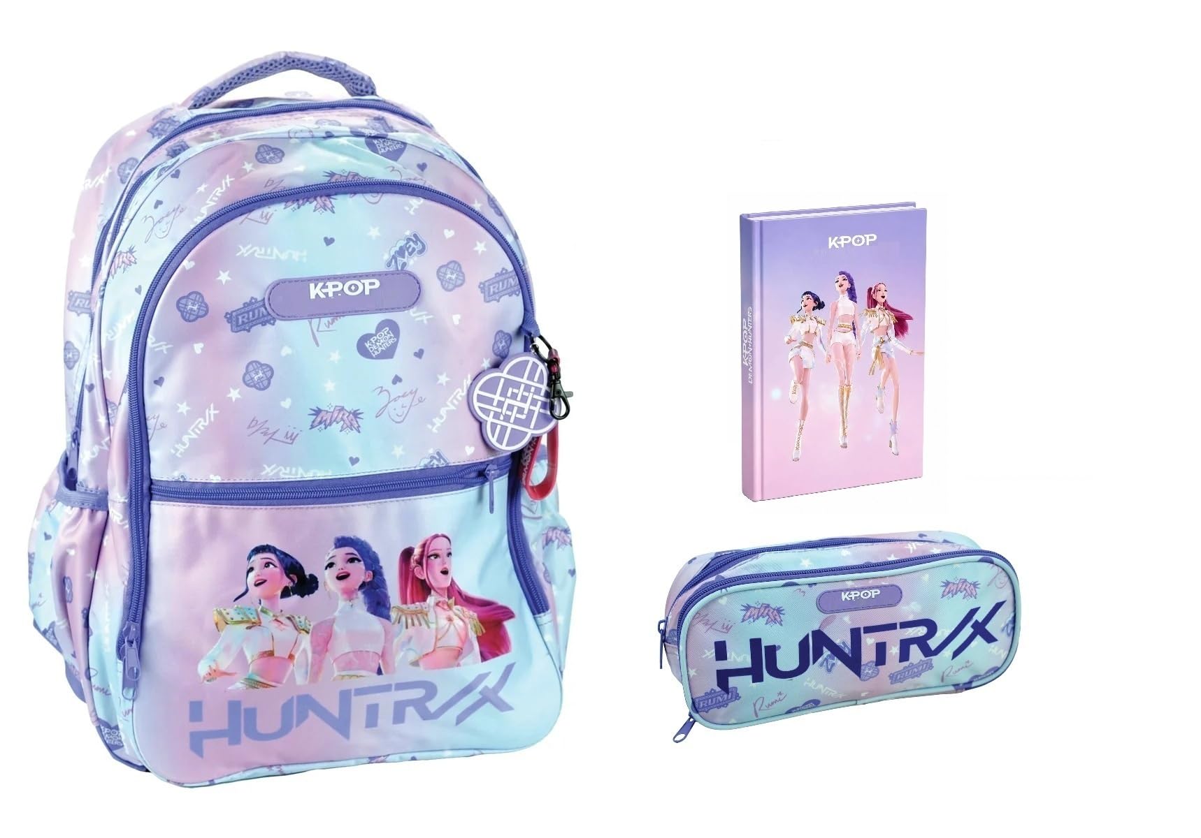 PRESTIGE & DELUXE Zaino Scuola primaria Tondo K pop Idols Stars Rumi Mira Zoey | Personaggi Anime | per Bambina + astuccio ovale zip + Diario 2026/2027 + Kit scrittura e Portachiave personaggio K pop