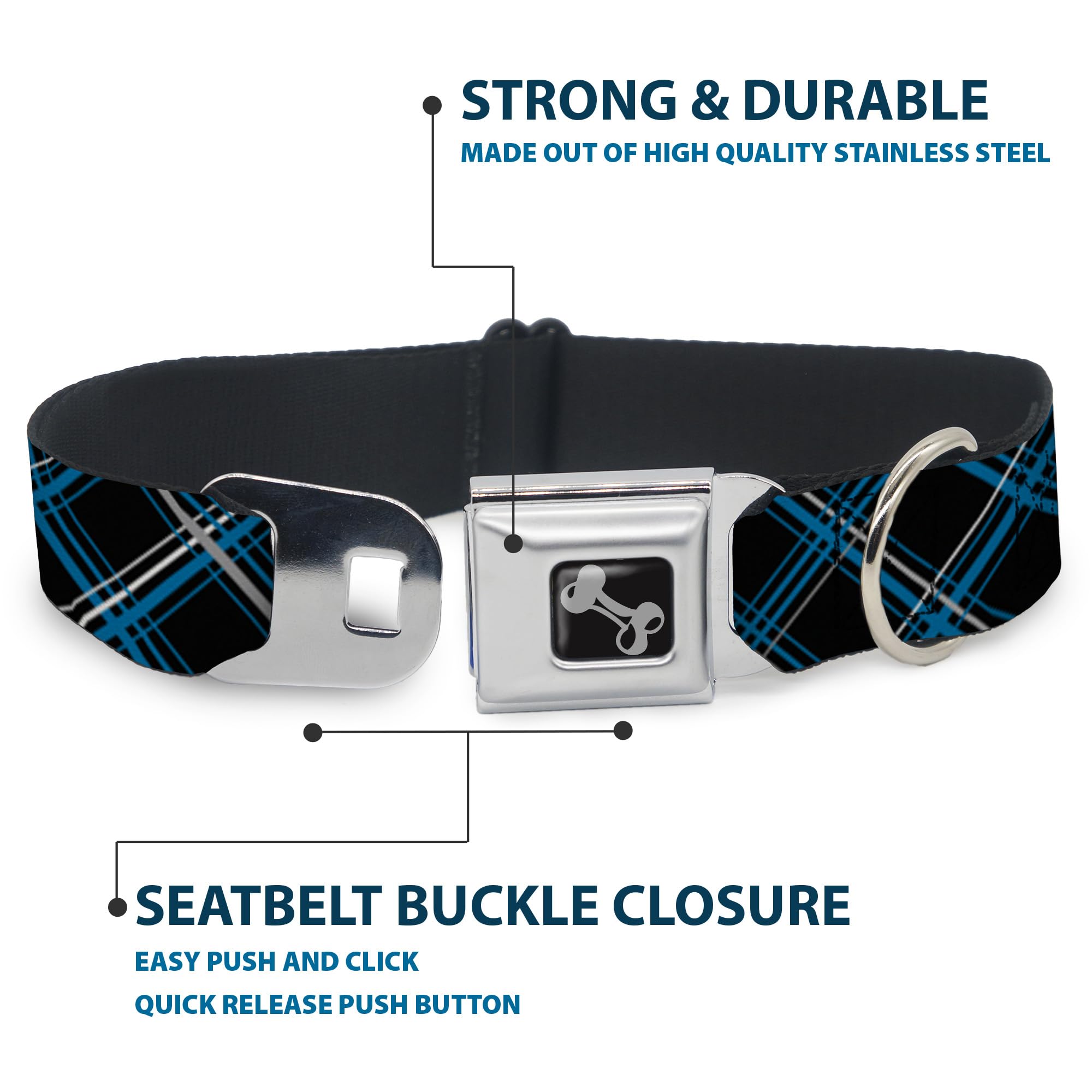 Buckle-Down Obroża dla psa z klamrą pasa bezpieczeństwa - w kratę czarna/turkusowa/szara - szerokość 3,8 cm - pasuje na szyję 40-58 cm - rozmiar M