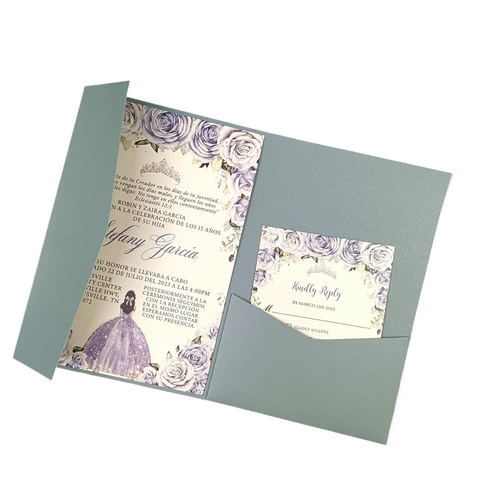 Einladungskarten Hochzeit 50 dreifach gefaltete Hochzeitseinladungskarten mit Rosen-Laserschnitt, Taschen-Einladungsumschlag Hochzeitseinladungskarten(Color:Pearl dusty blue,Size:Blank set)