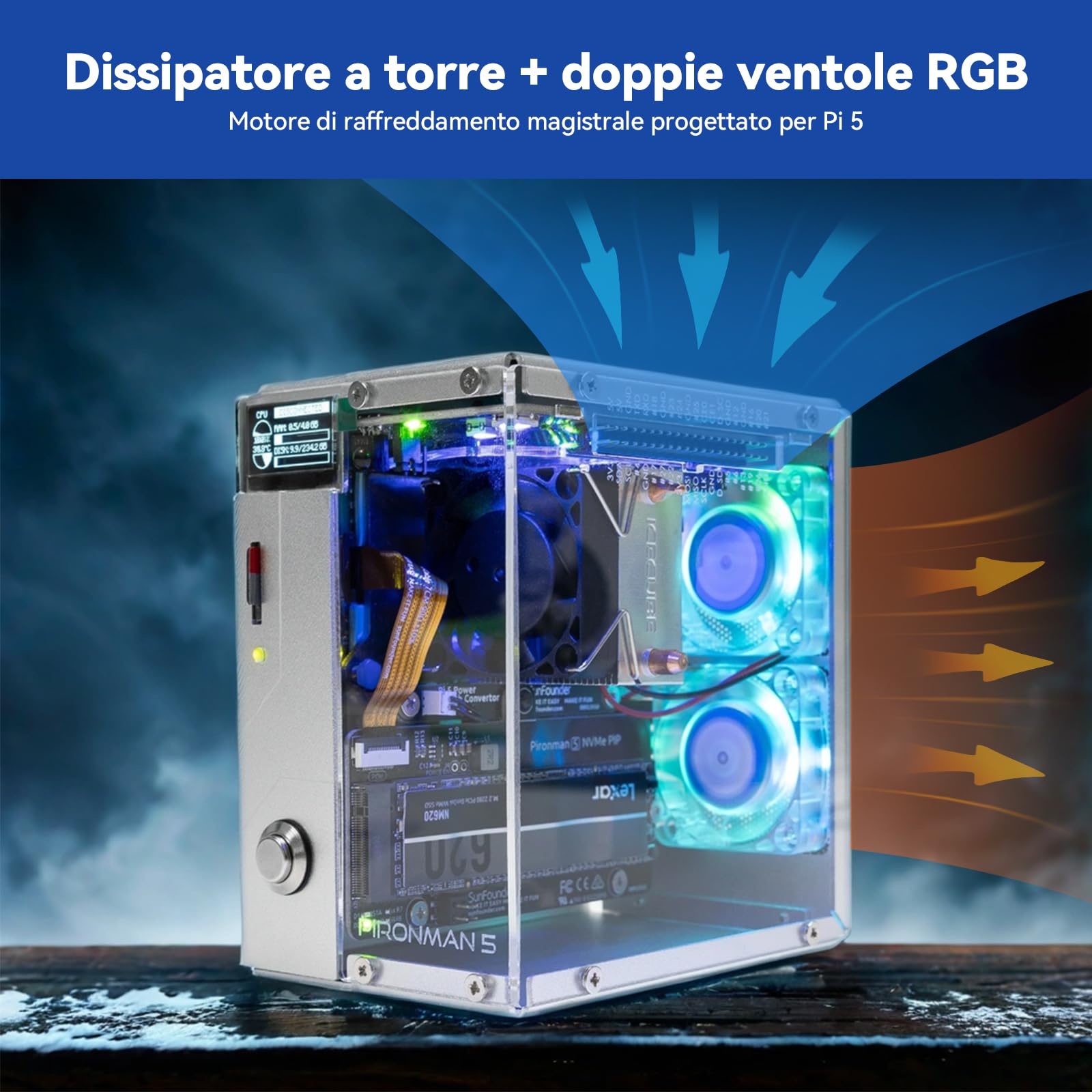 Pironman 5 case Mini PC NVMe M.2 SSD PCIe 2.0/3.0 per Raspberry Pi 5 Hailo-8L, agente AI OpenClaw, dissipatore tower + doppie ventole RGB, modulo OLED 0,96", spegnimento sicuro, HDMI, effetto RGB