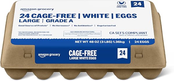 Amazon Grocery, Huevos Blancos Grandes Sin Jaula, Grado A, 24 piezas