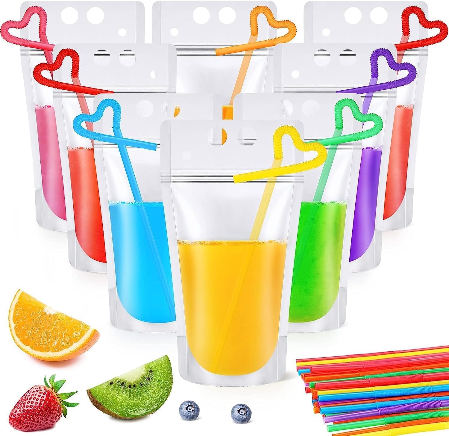 100 Pack Clear Drink Pouches with Straws Plastic Juice Pouches for Adults and Kids, Disposable Drink Bags Stand up Zipper Drinking Pouches for Smoothie Juice Coffee Tea, Birthday Party Favor