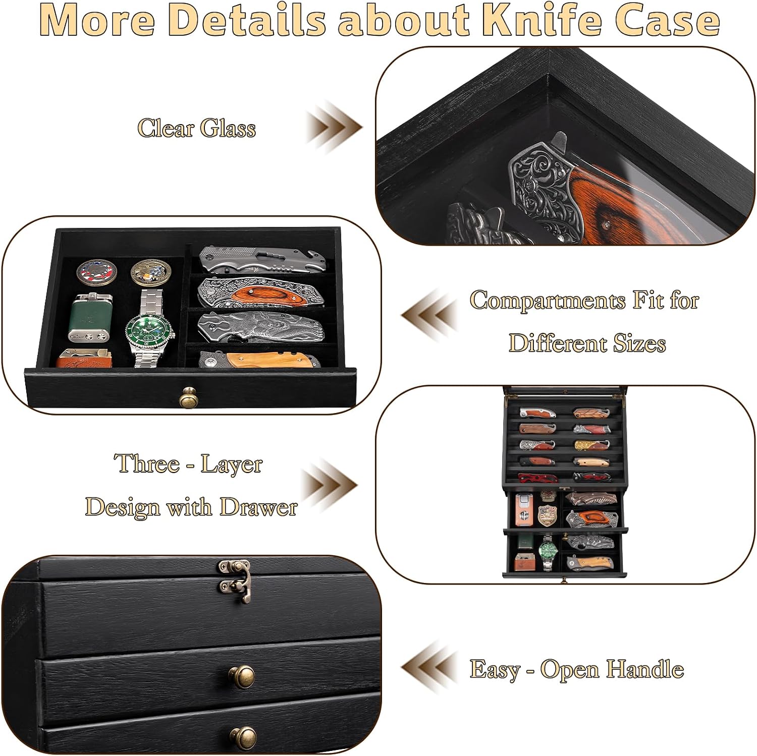 Knife Display Case, Knife Collection Display Holder with Glass Lid, 3-Layer Wooden Pocket Knife Case with Drawers (Black)