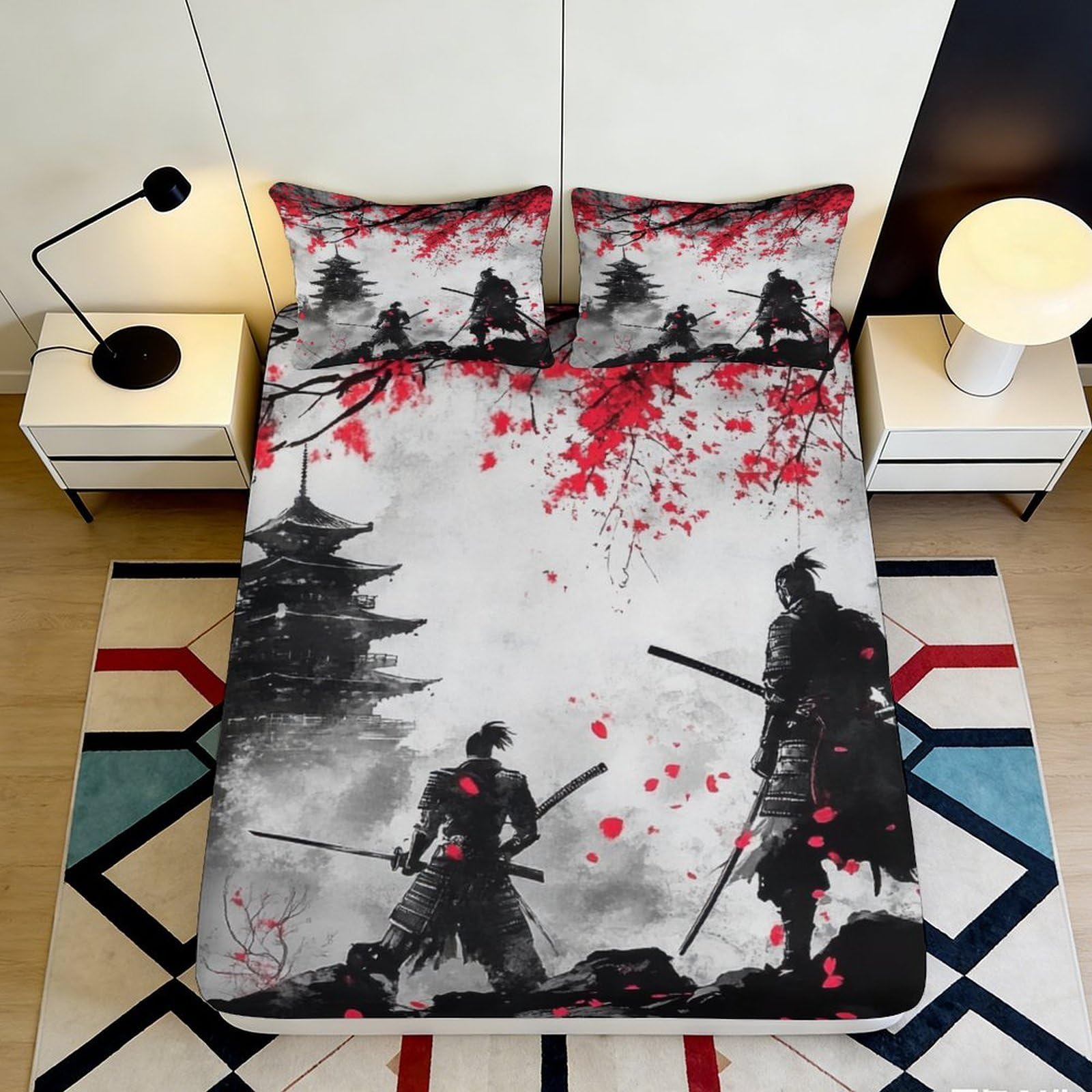Pnayamiorkfel Style-5 3D Printed Samurai Warrior Fitted Sheet Microfiber Black Red Pagoda Bed Cover For Bedroom Guest Room Dorm Decor 90X200x25cm