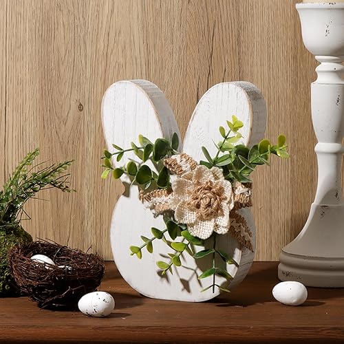 Miniatura 6 de Decoraciones de Pascua para el hogar: Rústica Antigua Conejito de Madera Feliz Pascua Mesa, Conejo Blanco de Granja con Flores Conejo de Madera