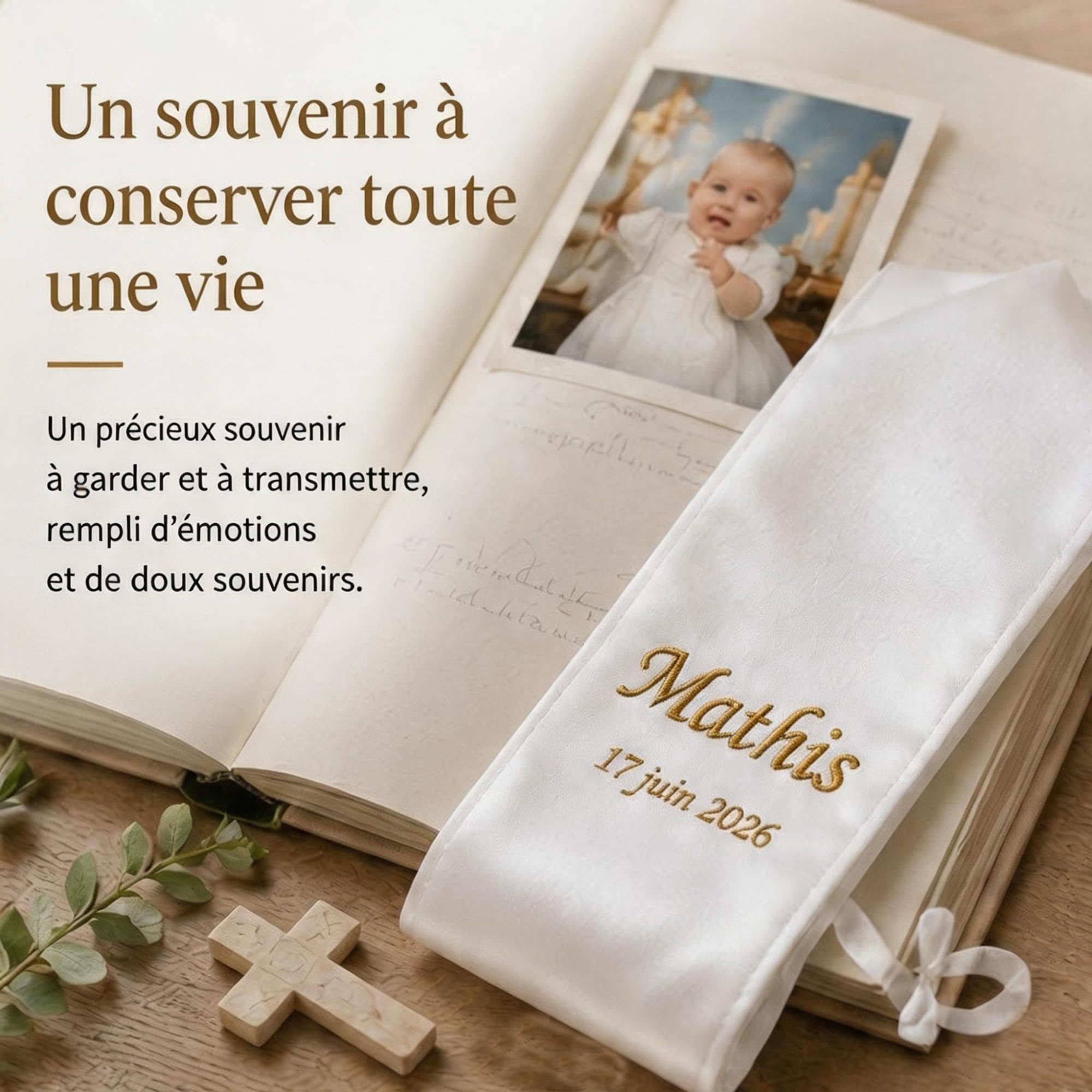 Étole de Baptême Personnalisée 15x120cm | Écharpe Blanche Satinée Brodée Prénom Date | Motifs Religieux au Choix | Coffret Cadeau Bébé Enfant