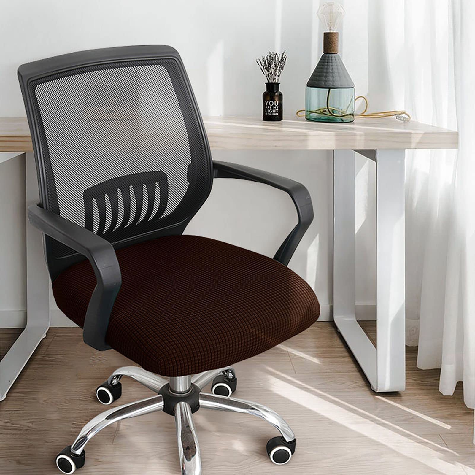 Stretch-Bürostuhlbezug, weicher Samt, Büro-Schreibtischstuhl-Sitzbezug, universeller Stuhl-Sitzbezug, abnehmbar, waschbar, Rutschfester Stuhl-Sitzkissenschutz (1 Stück (18–19 Zoll), braun)
