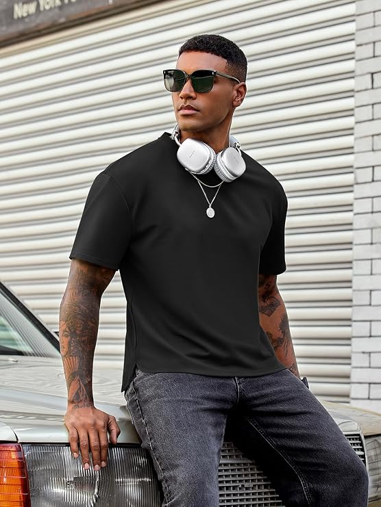 Vssjavun Mens Boxy Cropped T-Shirt Loose Fit Short Sleeve Oversized Tee Heavyweight Summer Streetwear Top