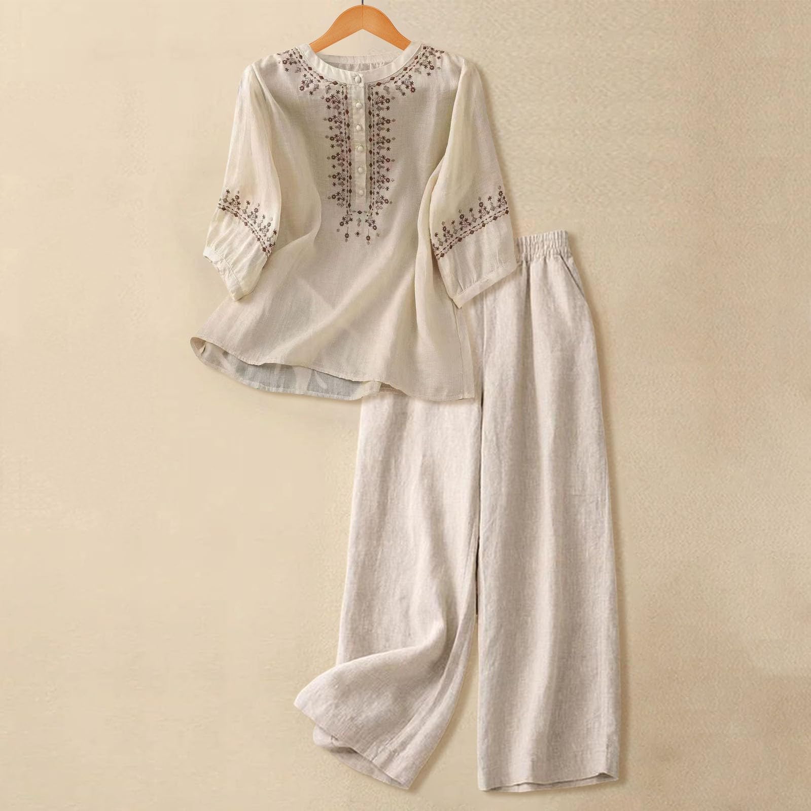 Conjunto Mujer Dos Piezas Elegante Verano Casual Lino Y Algodón Conjunto Deportivo Camiseta Y Pantalones Chandal Completo Talla Grande Loungewear Manga 3/4 Holgado Diarios Casa Playa Vacaciones