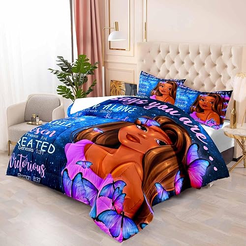 Miniatura 3 de LUVIVIHOME Juego de edredón mágico de 3 piezas, tamaño matrimonial, ropa de cama negra afroamericana, ropa de cama de mariposa azul galaxia púrpura
