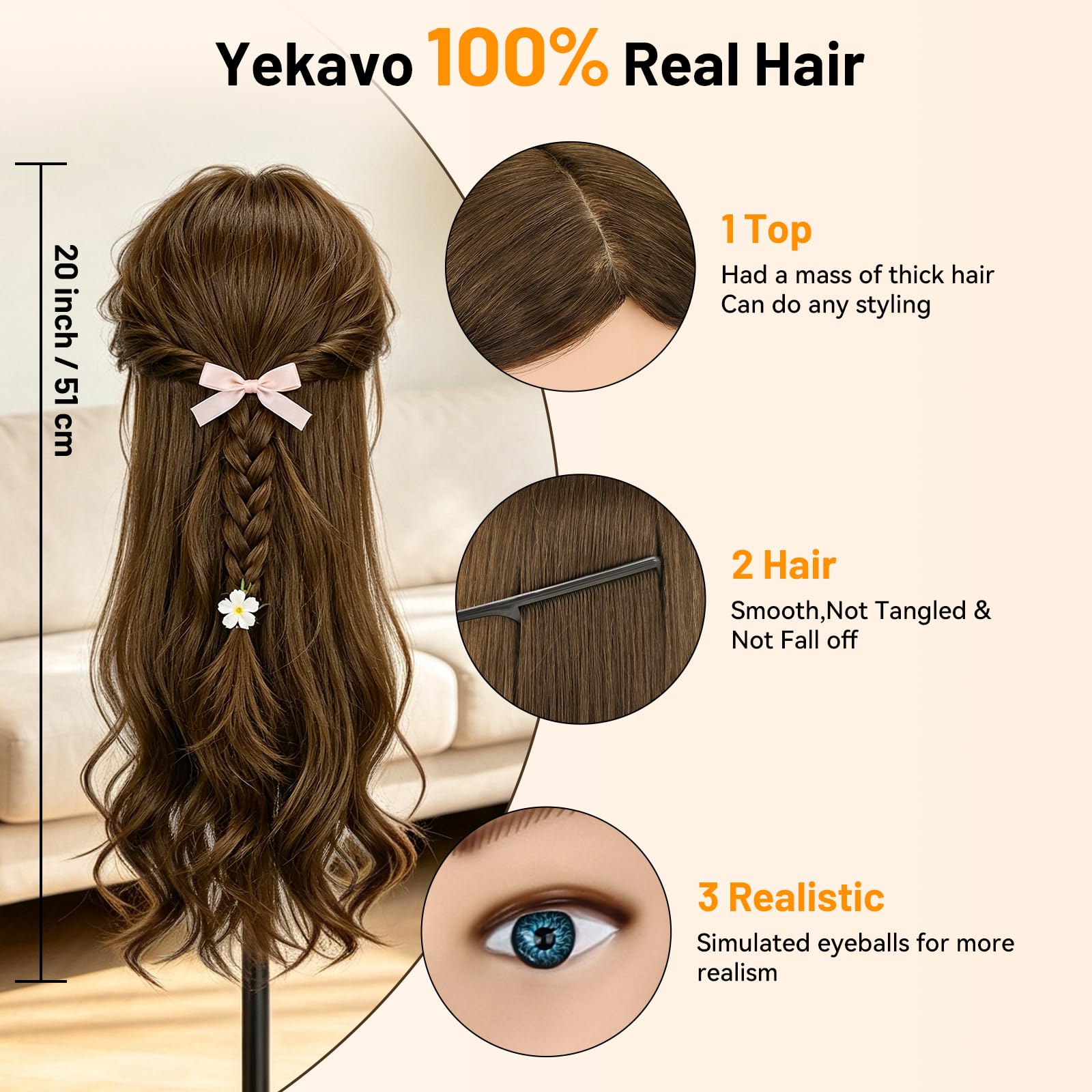 Friseur Kopf Frisierkopf 100% Echthaar 20 Zoll Trainingsköpfe für Friseure Friseurkopf Übungskopf Puppen Kopf zum Frisieren Kosmetik Puppenkopf Mannequin kopf mit Tischhalter + Haare Zubehör