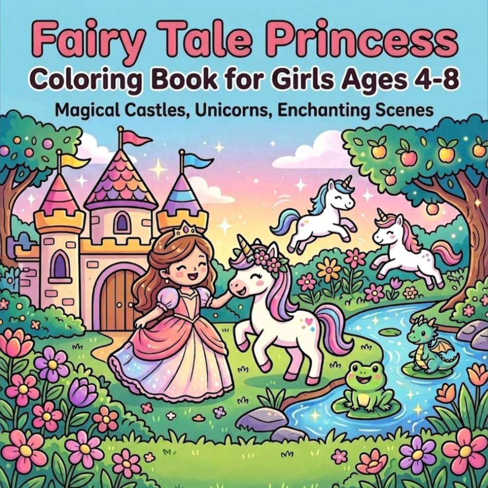 Fairy Tale Princess Coloring Book for Girls Ages 4-8: Magical Castles, Unicorns,Enchanting Scenes