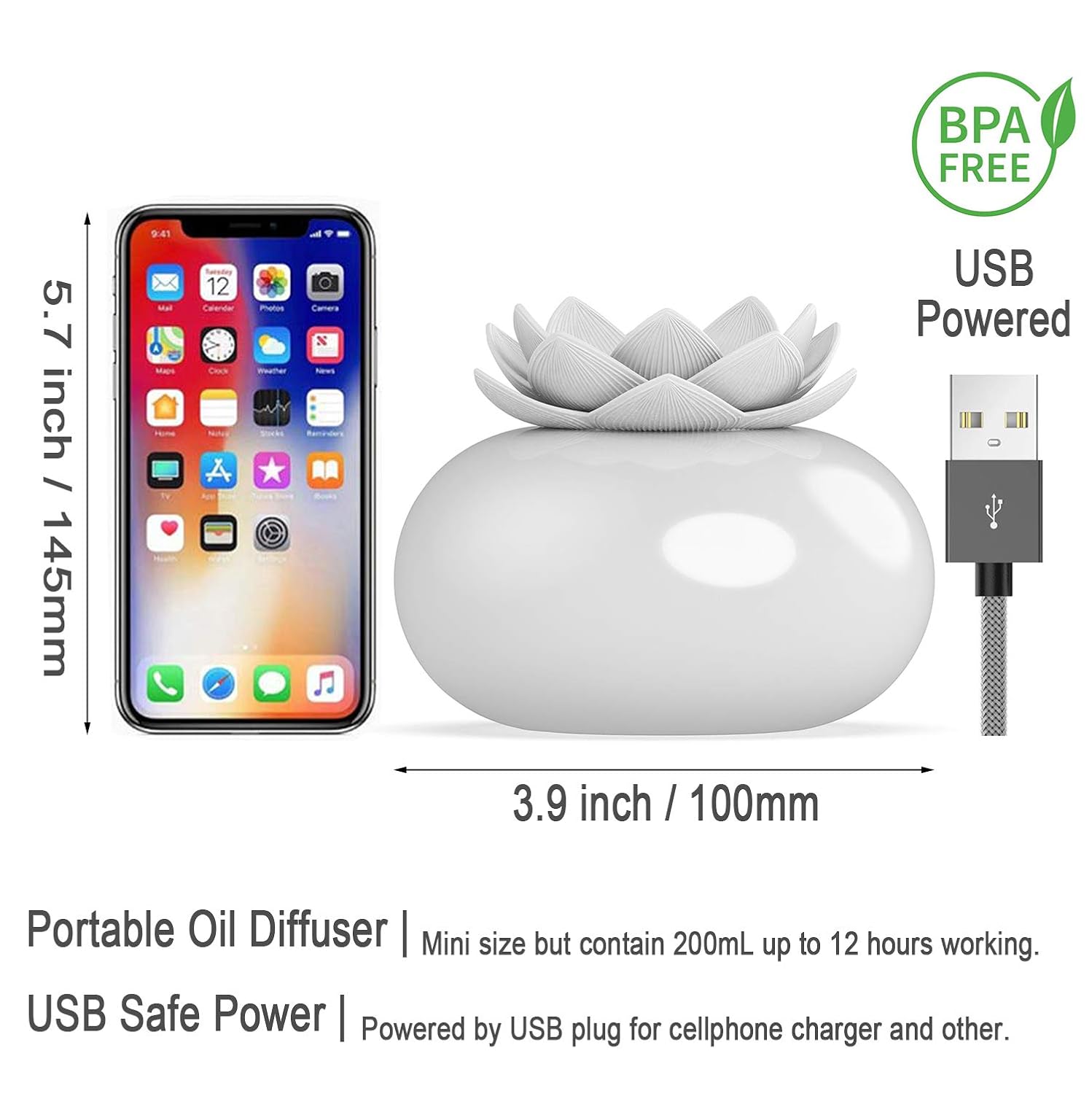 Decor Essential Oil Diffuser Cute Lotus, Mini Ceramic Home Humidifiers Aromatherapy Difuser 200mL 12Hours, Air Purifier Freshener for Office Bedroom Yoga Spa Baby (White)