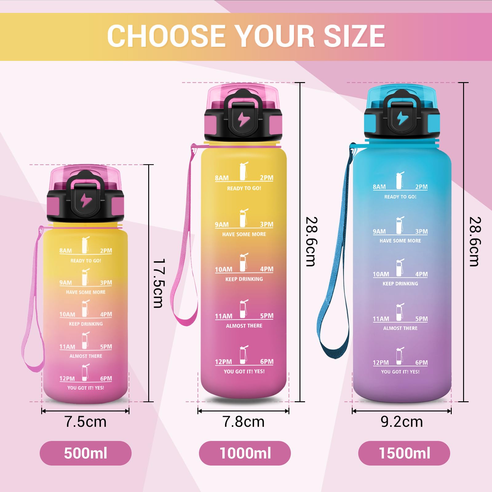 Borraccia Bambini 500ml, Borraccia con Indicazione del Tempo, Leggera e Facile da Tenere, Riutilizzabile e Facile da Pulire, Bottiglia Bambini con Cannuccia, per Palestra, Corsa, Yoga, Ufficio