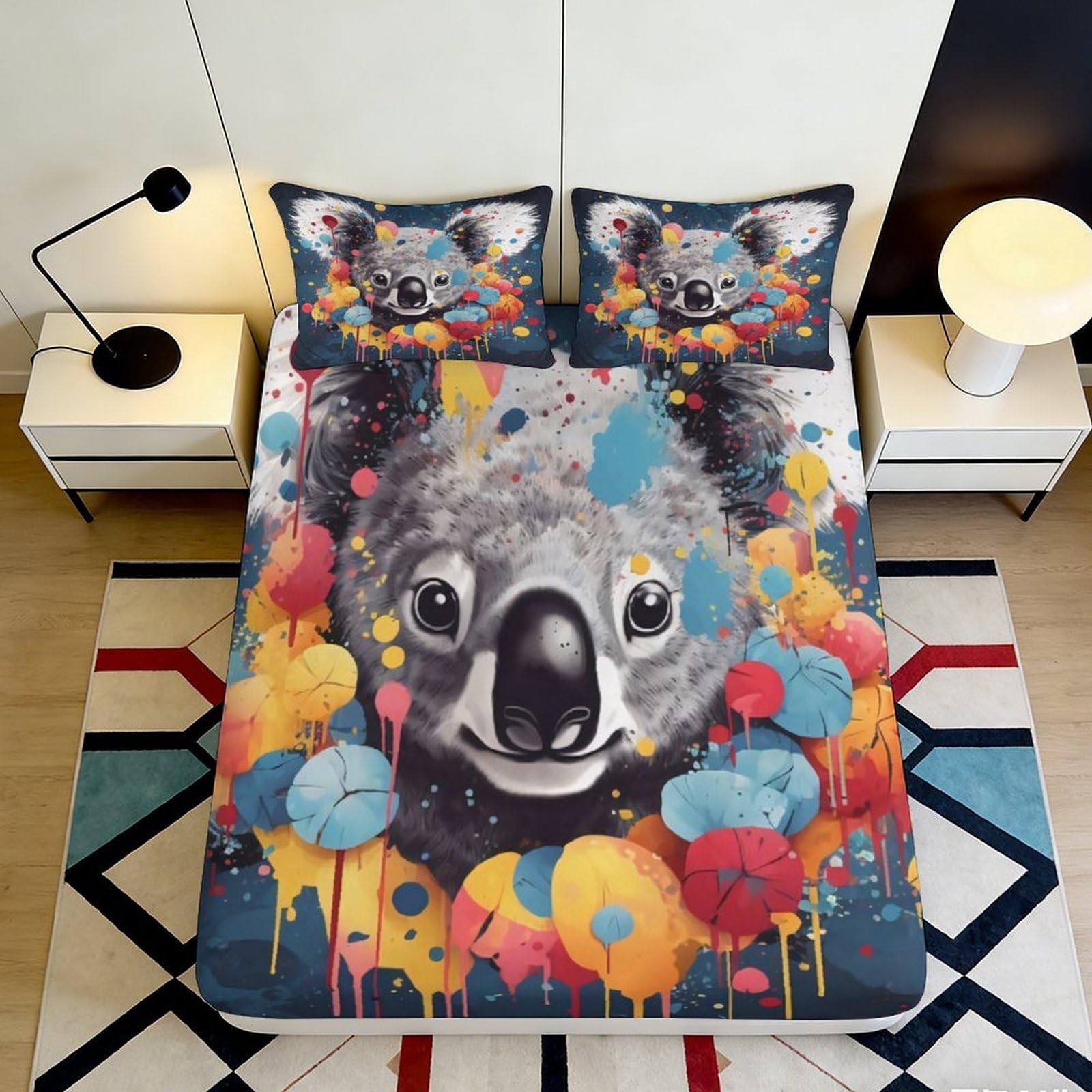 3D Printed Cartoon Koala Fitted Sheet Microfiber Elastic Hem Bedroom Bedding Colourful Koala Mattress Fitted Cover Deep Pocket Washable 140x200x25cm
