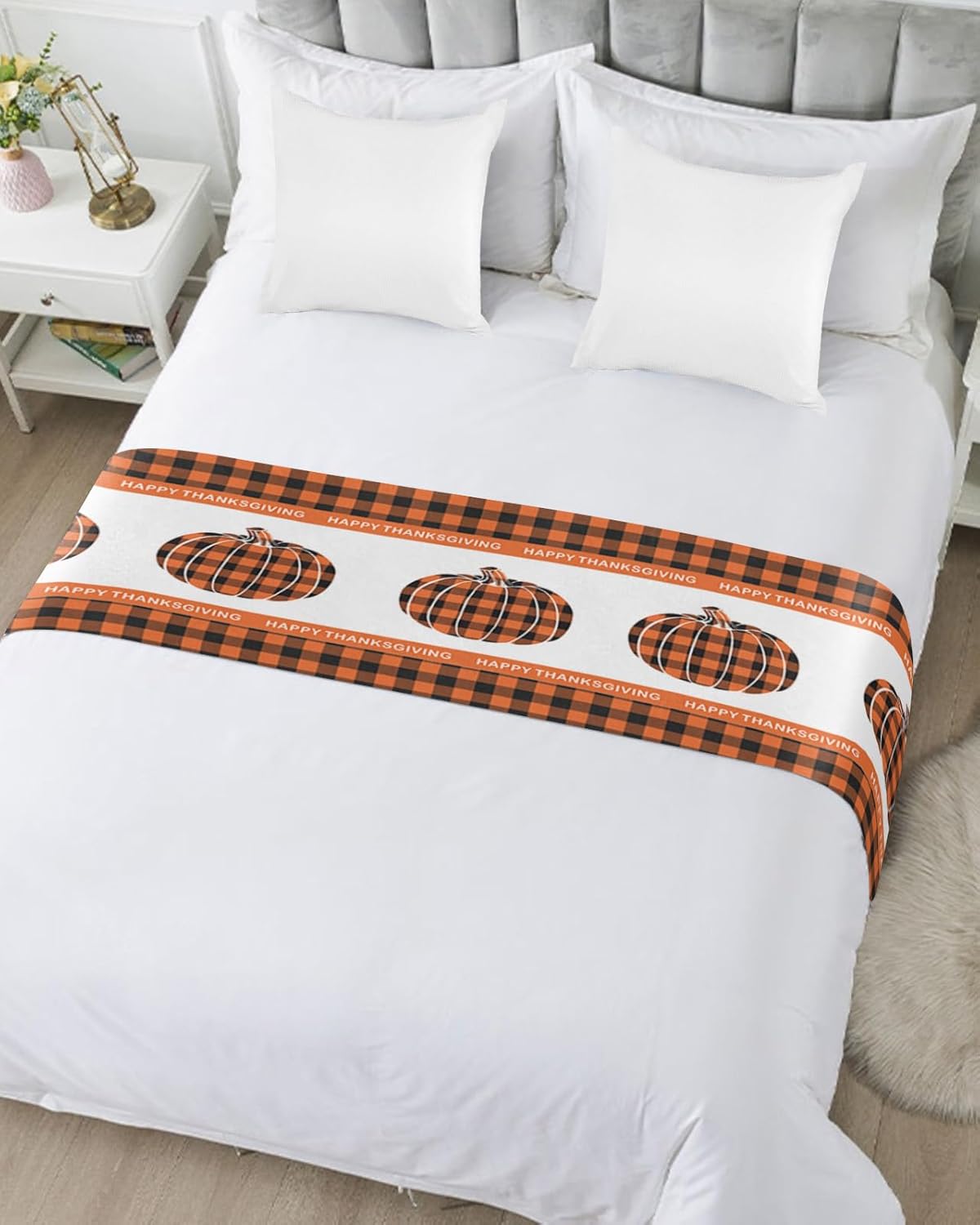 Thanksgiving Bed Runner Scarf Thanksgiving Autumn Pumpkin Orange Black Plaid Bedding Scarf Decorative Bed Runners Cover for Home Bedroom Hotel Wedding Room Bed Scarf for Foot of Bed Full 83x20in