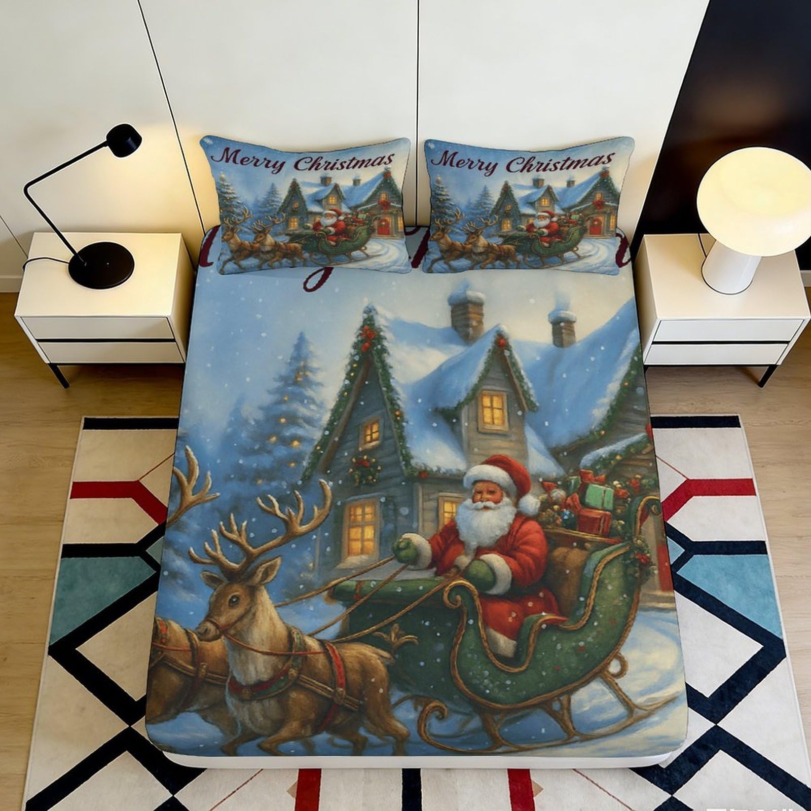 3D Printed Santa Claus Winter Village Fitted Sheet Microfiber Soft Reindeer Bed Cover for Bedroom Guest Room Decor 90x200x25cm