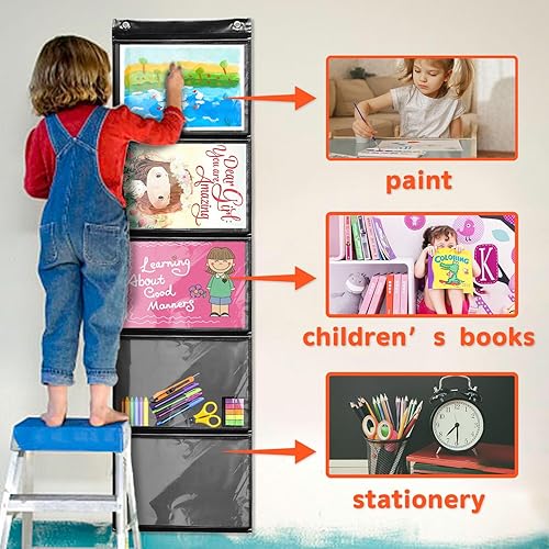 Miniatura 3 de Mewise Tabla de bolsillo para tarjetas de aula, dibujos, imágenes, demostraciones de clase, organizador de archivos de pared Haning (5 bolsillos,