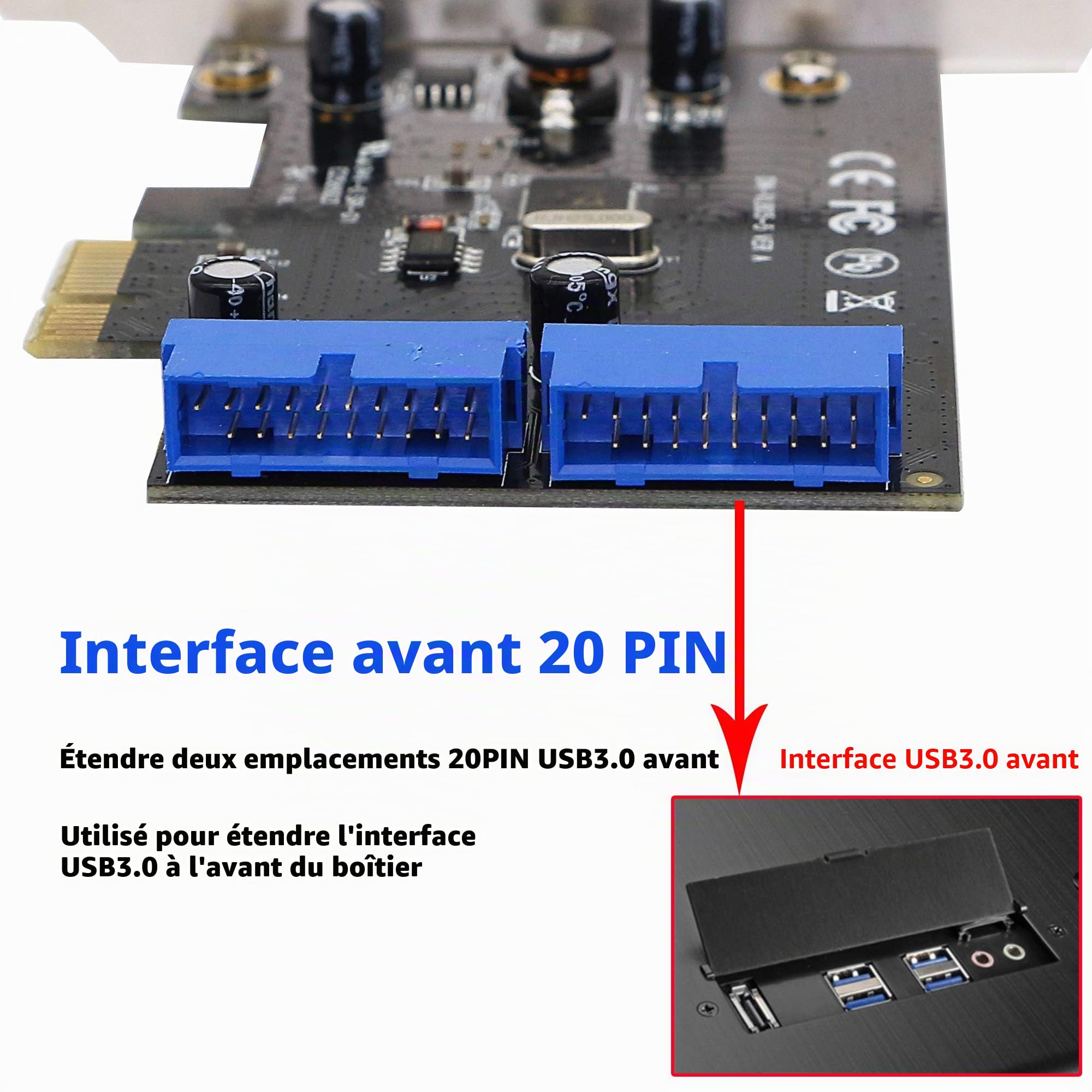 SINLOON PCI Express vers double carte USB 3.0 19 broches PCI-e vers adaptateur de ports mâles internes 20 broches pour PC (19 broches)