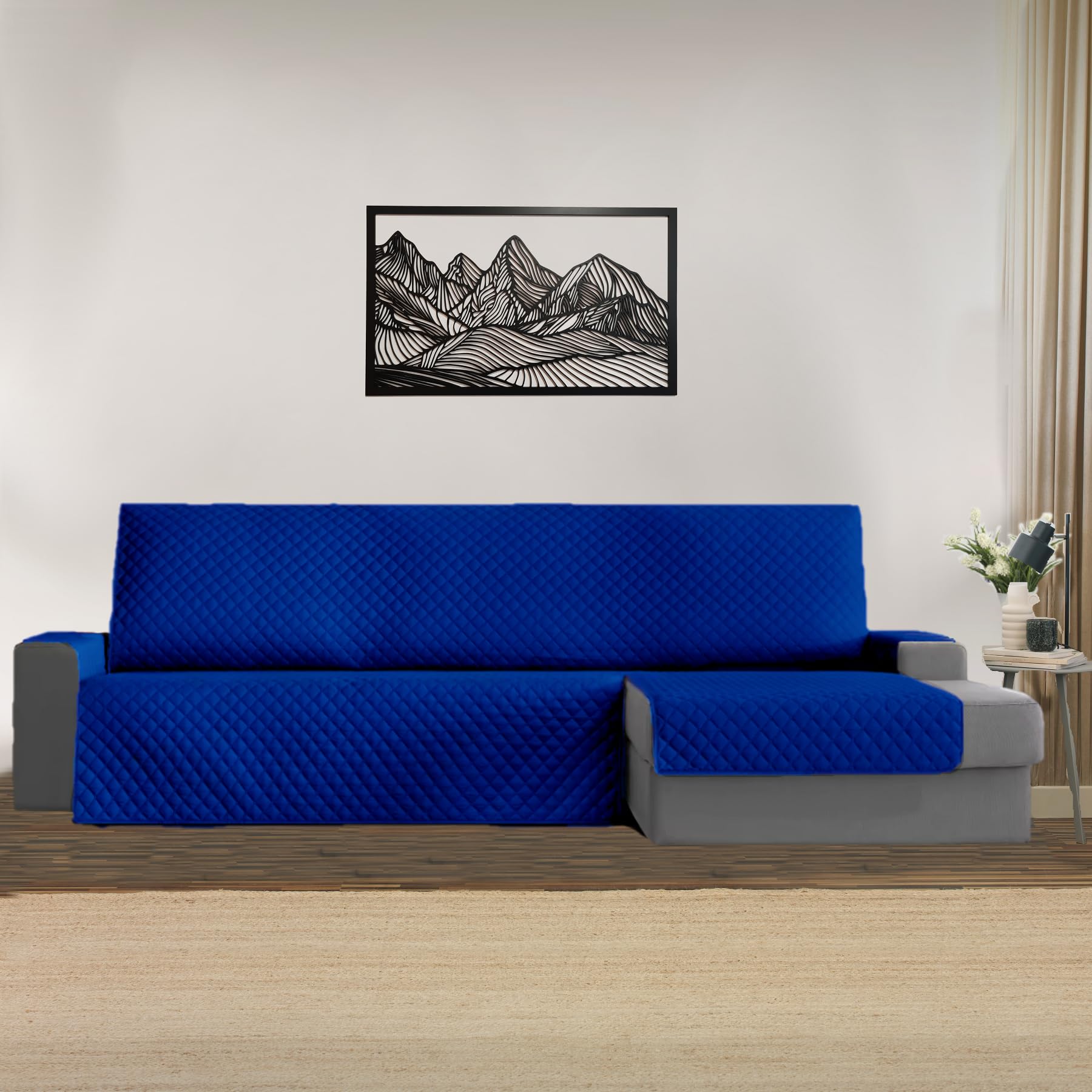 Funda Chaise Longue Brazo Izquierdo 240cm, Cubre Sofá Ajustable y Lavable, Protector Antimanchas y Resistente, Ideal para Mascotas, Diseño Moderno y Cómodo para el Hogar (Marino/Gris)