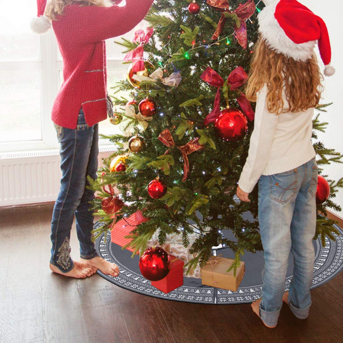 Dremisland Jupe de sapin de Noël, flocon de neige et sapin de Noël, tricotée épaisse pour une décoration de Noël chaude (122 cm, gris)