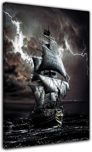 Vista 55 de RAOMAAE Cuadro de arte de pared de batalla naval, barco pirata, velero, póster impreso, lienzo moderno, hogar, sala de estar, oficina, decoración