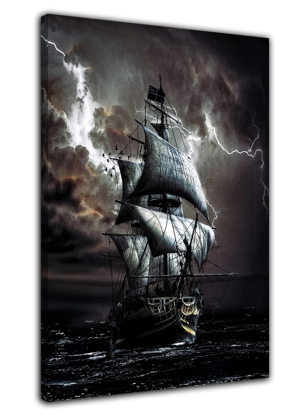Hopnru Girls Framed Stormy Sea Pirate Ship Black Sailboat Poster Wall Art Picture Print Canvas Painting Modern Home Living Room Decor Poster (24X36inch(60X90cm),)
