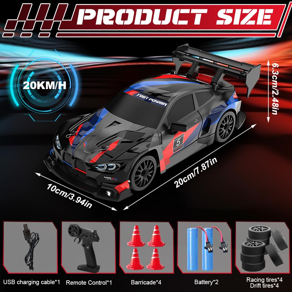 Vmxlso RC Drift Car, 1:24 Remote Control Car, 2.4GHz, 20 KM/h High Speed 4WD, with Cool Lighting, Racing and Drifting Tires - Image 2