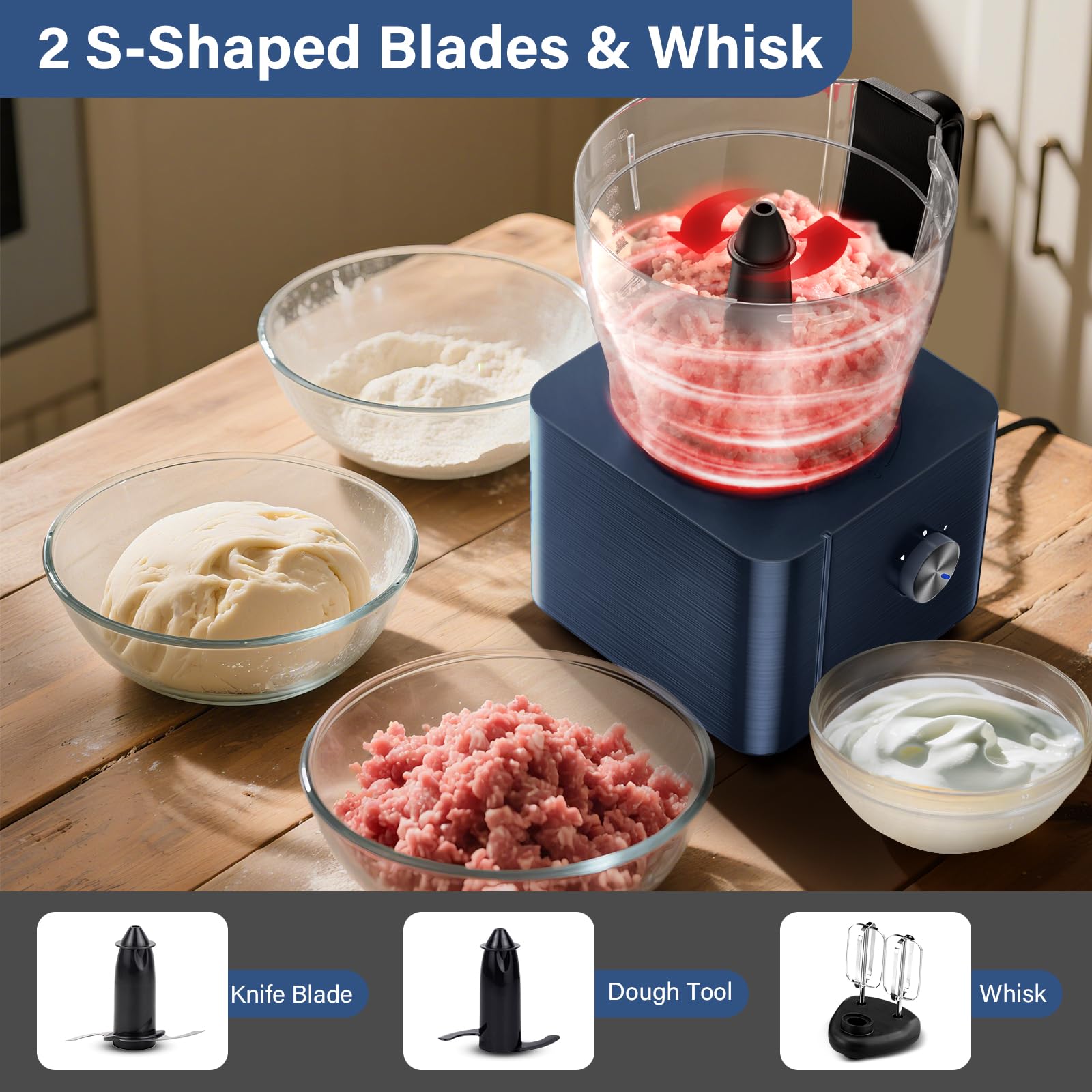 SNDOAS Küchenmaschine, 1100W Multifunktional Food Processor, 3,2 L Rührschüssel Teig Kneten, Küchenmaschine Zerkleinerer, 1,5 L mixer, Mahlwerk, Dunkelblau