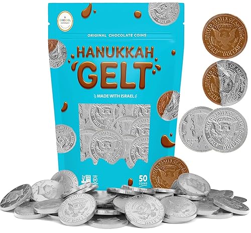 Monedas de chocolate con leche, gel de Hanukkah, monedas de plata, hechas con chocolate belga de primera calidad, sin gluten, sin OMG, certificado