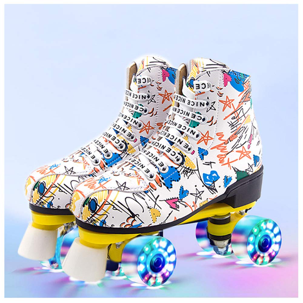 Rollers,Patins À roulettes Graffiti À Double Rangée,Aux Femmes/Filles/Hommes/Garçons/Enfants,Roller Skates Lumineux,Chaussures De Patinage De Vitesse,Blanc,Noir,Taille 30-45,White(LED),32