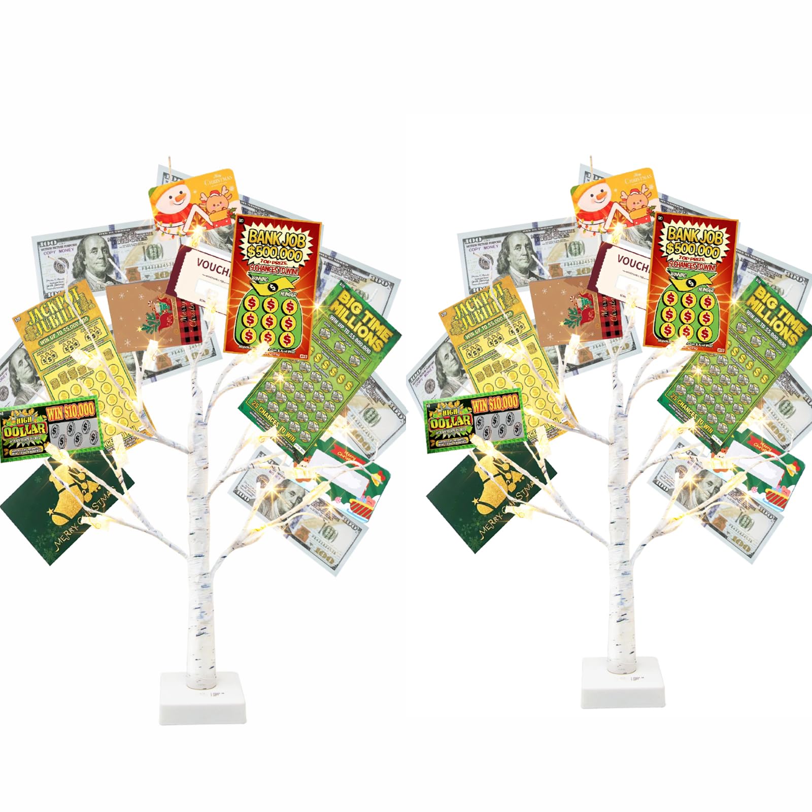 Vanthylit Money Tree Gift Holder Set of 2, 24 LED Warm White Lights Battery Powered Timer, with Clips and Greeting Cards, Gift Holder Decor for Photo Mother's Day Christmas Graduation Gifts