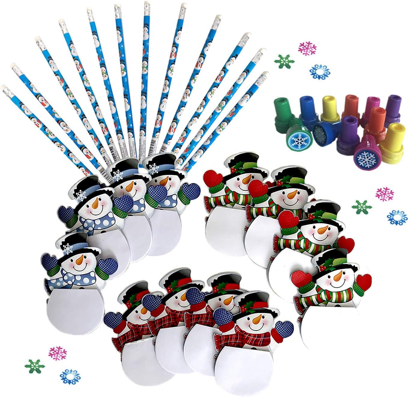 Snowman Notepads with Matching Pencils, and Snowflake Stampers - Set for 12 Kids - 36 Piece Bundle