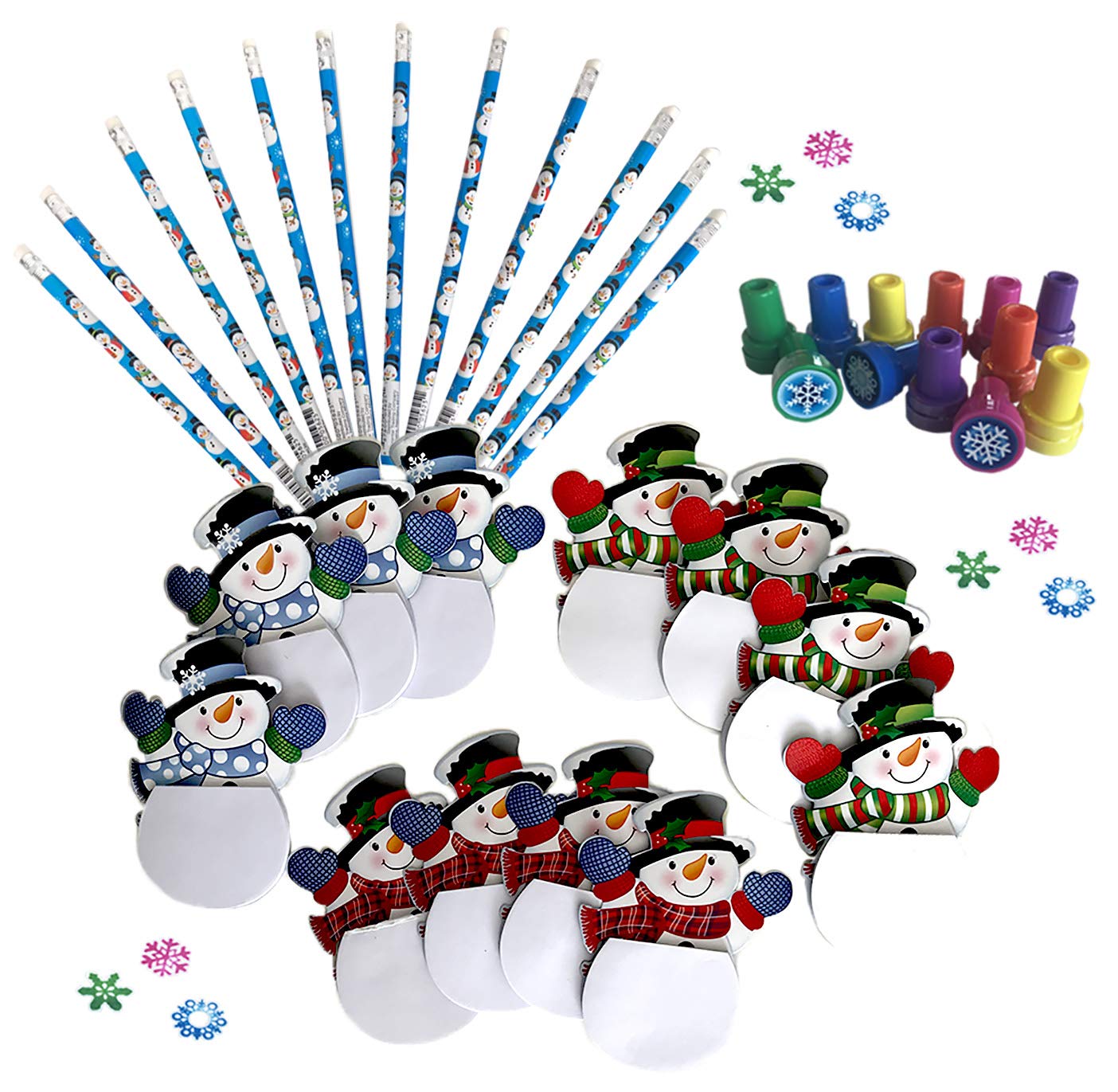 Snowman Notepads with Matching Pencils, and Snowflake Stampers - Set for 12 Kids - 36 Piece Bundle