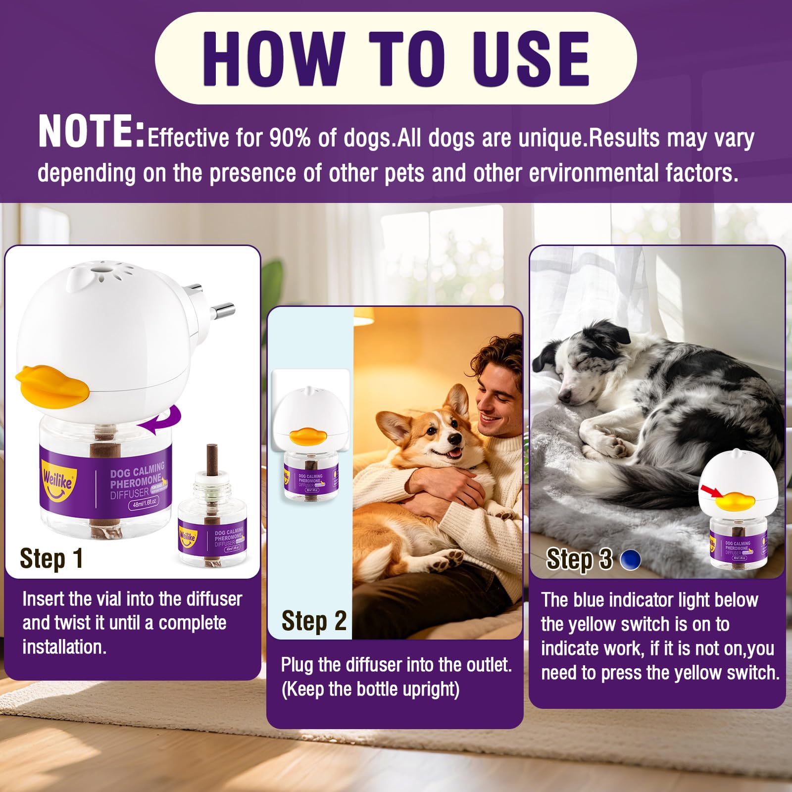 Difusor de Feromonas Relajantes para Perros,Alivio Natural de la Ansiedad,Reduce el Estrés y Favorece la Relajación,Fórmula Segura y Eficaz,3 Recambios (3 Ricariche+1 Diffusore)