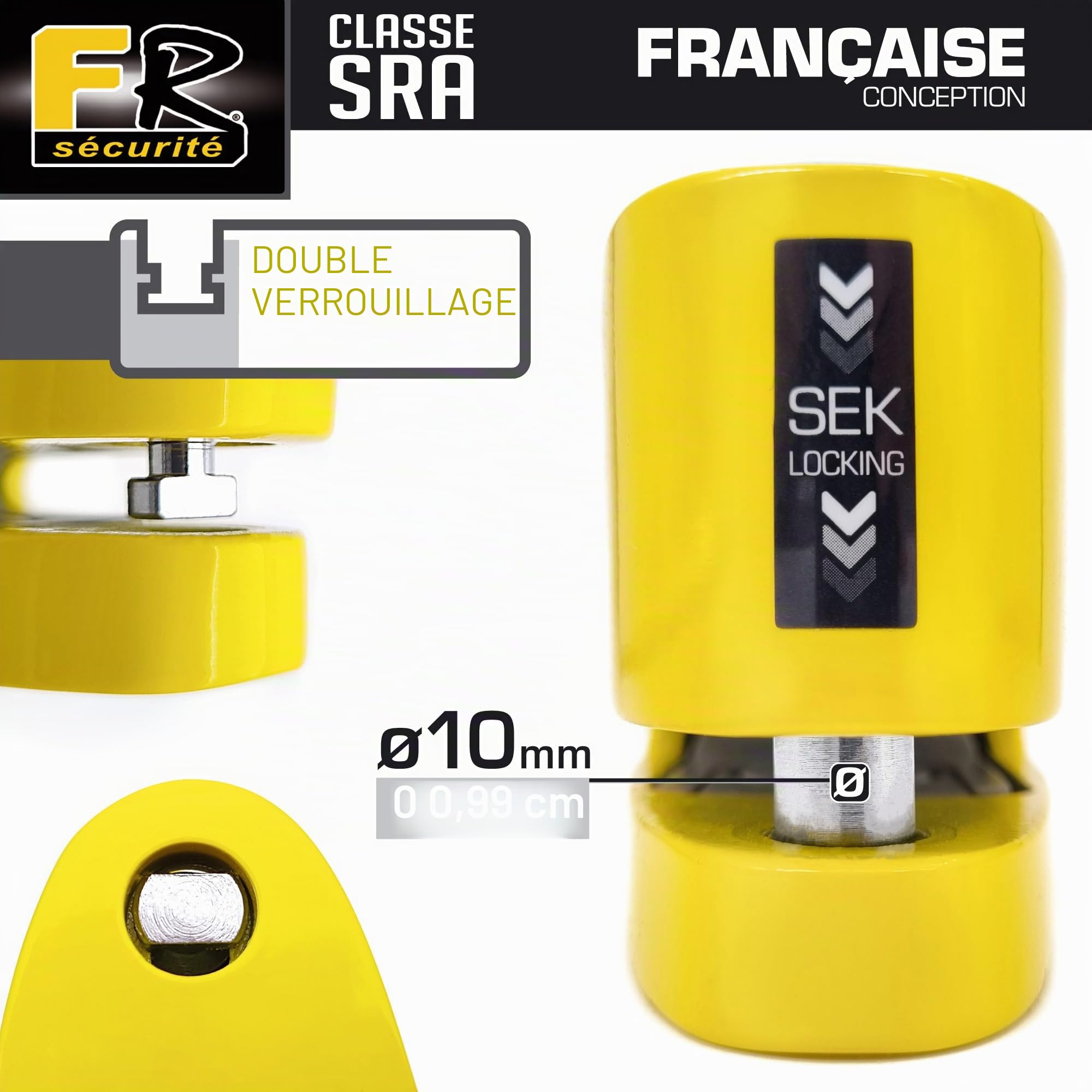 FR Sécurité FR410Y Antivol Moto Homologué SRA Bloque Disque Alarme 120dB Activation Optionnelle, Plus Dissuasive Haute Sécurité Anti Vol, Serrure Anti-Perçage, Bloc Cadenas Motos Scooter