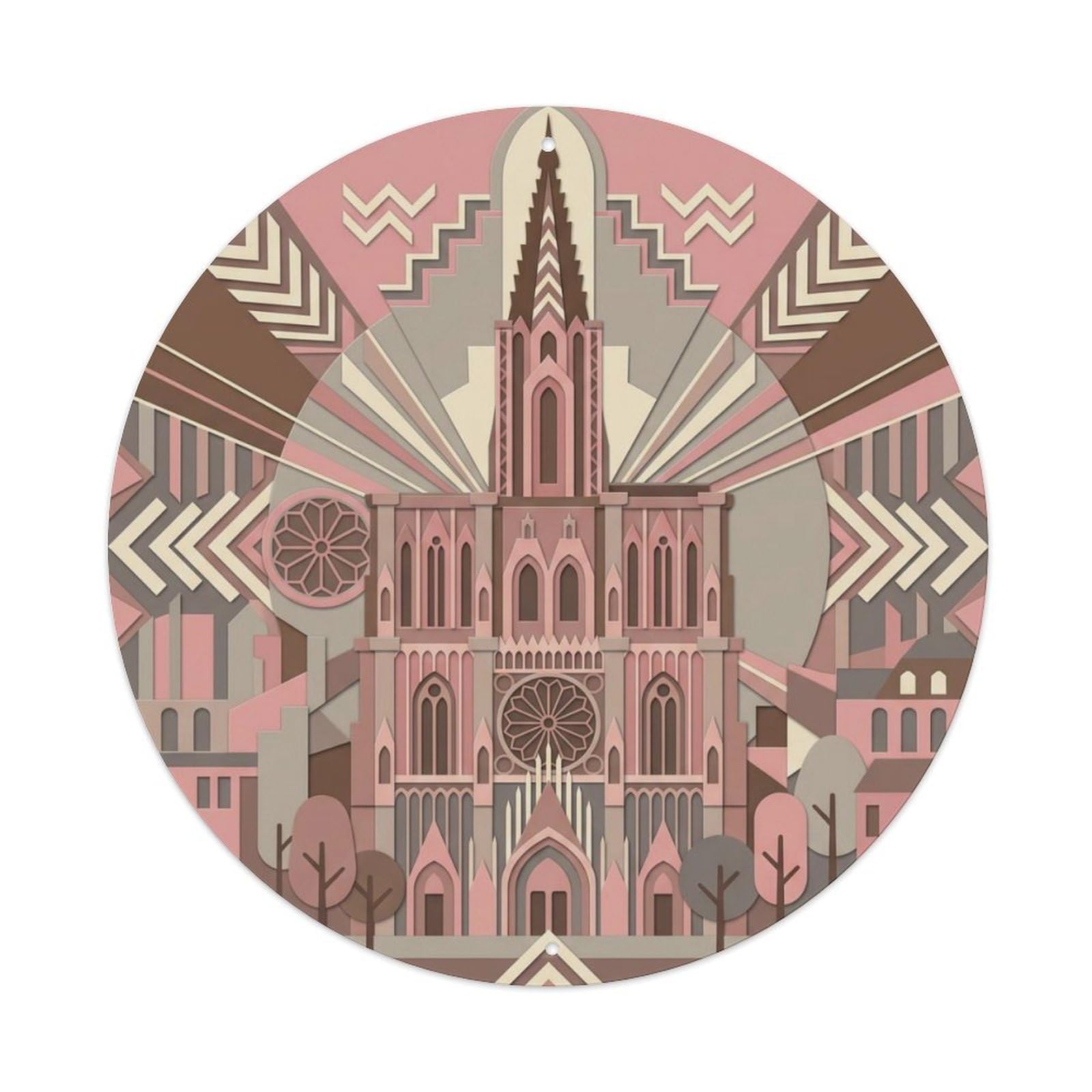 Strasbourg Layered Cathedral Travel Metal Tin Sign Plaque Wall Decor for Cafe, Club Bar, Office, Home Garden Round Metal Poster 8x8Inch