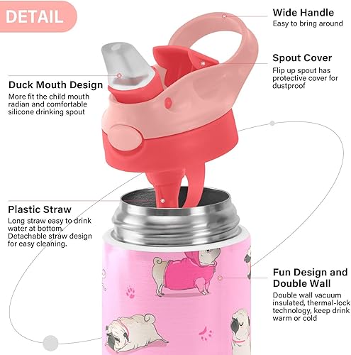 Miniatura 4 de ALAZA Lindas botellas de agua para niños con diseño de perro carlino de dibujos animados, con tapas y pajita, botellas de agua de acero inoxidable