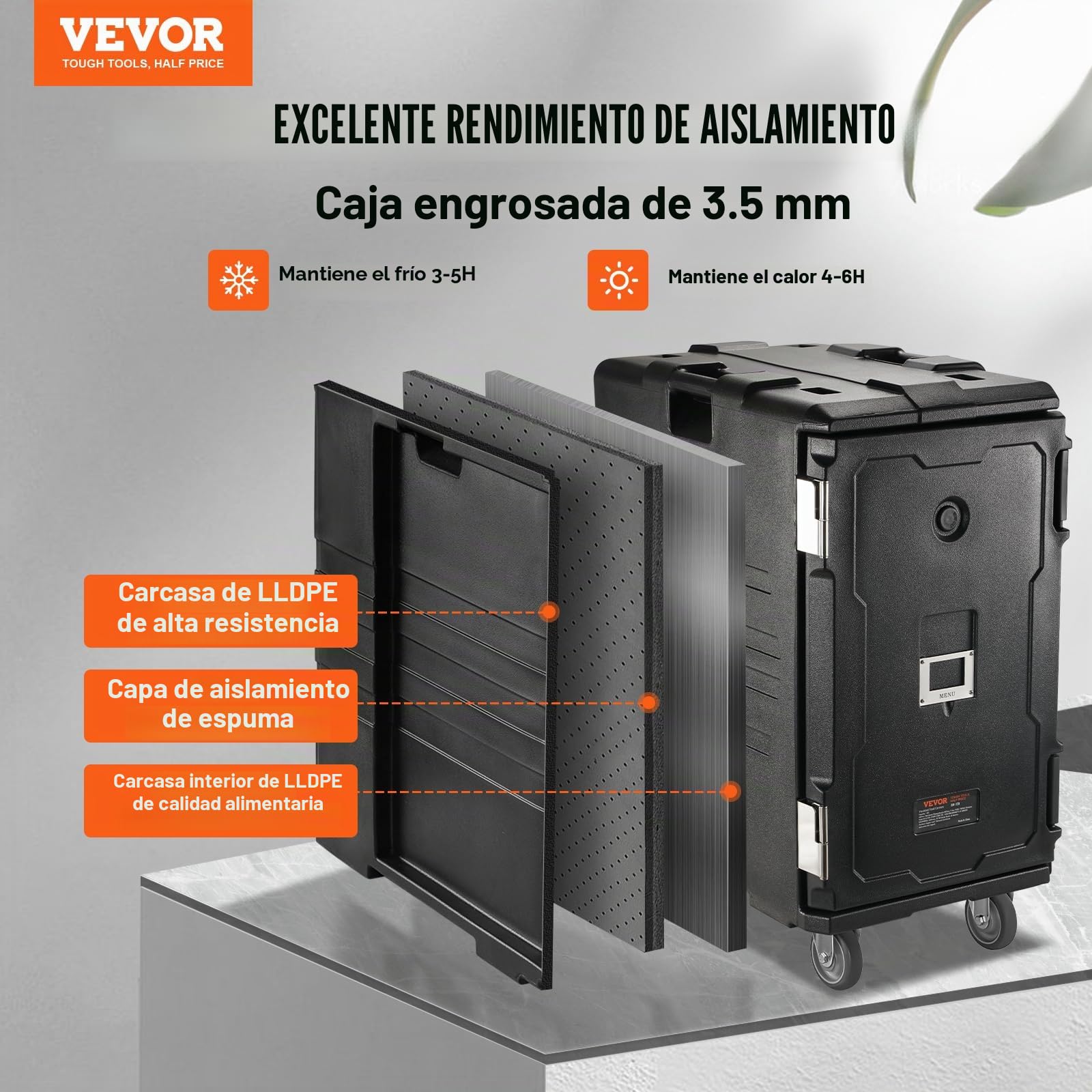 VEVOR Porta Bandejas para Alimentos con Aislamiento Caja Caliente de 120 L para Catering Porta Cajas de Alimentos con Hebillas Dobles Carga Frontal con Asas con Ruedas para Restaurante, Cantina