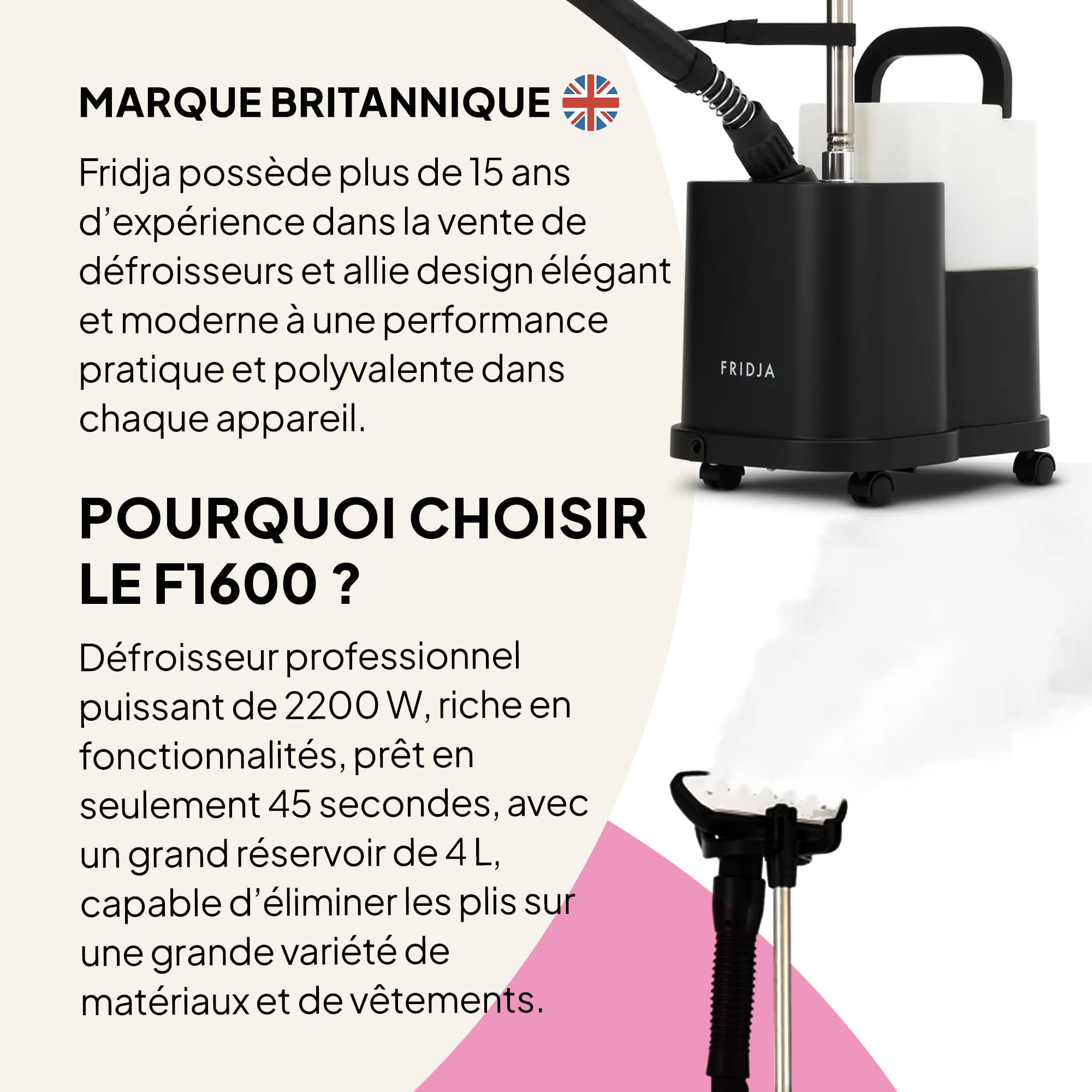 Défroisseur vapeur professionnel Fridja f1600 - Puissant défroisseur vapeur haut de gamme de 2200 W - Deux réglages de vapeur et réservoir d'eau de 4 L pour un défroissage rapide - Convient à tous les