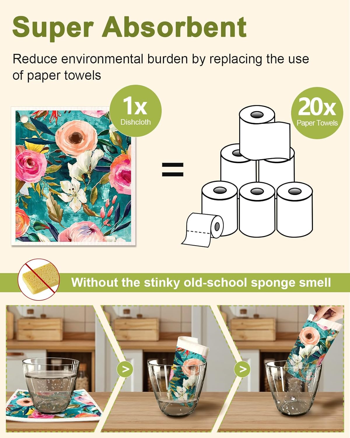 6 Pack Swedish Dishcloths for Kitchen - Reusable Dish Cloths for Washing Dishes Absorbent Cute Funny Kitchen Towels Cleaning Sponge, Floral Bird - Image 4