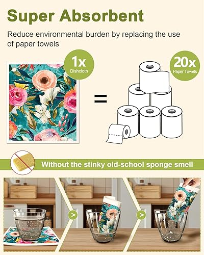 Miniatura 4 de Paños de cocina suecos reutilizables para lavar platos, absorbentes, de secado rápido, esponja sueca, decoración de bonito patrón, paquete de 6